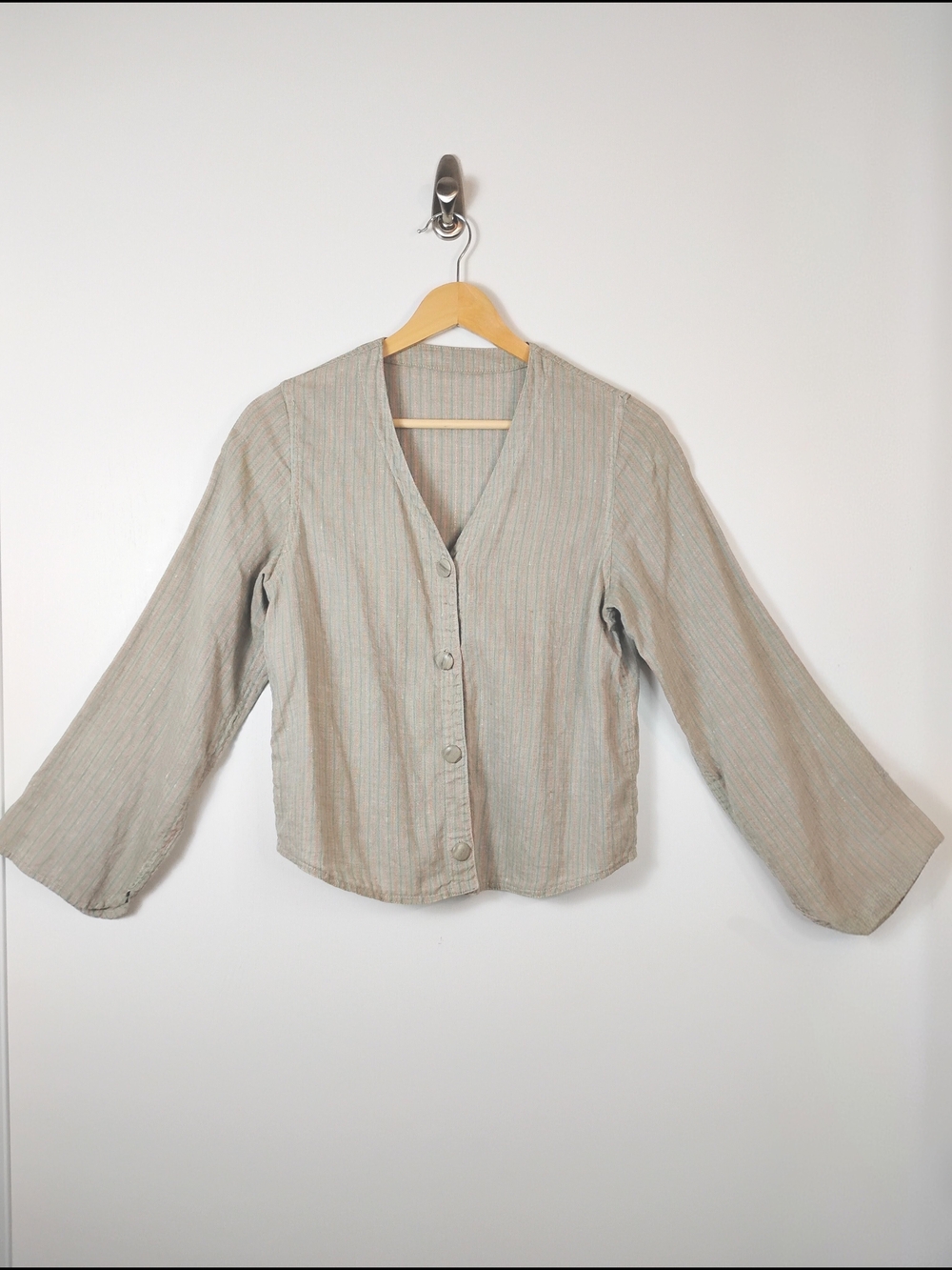 Vintage Grey Linen Stripe V-Neck Button Up With Flare Sleeves